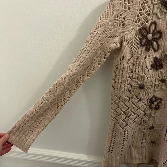 Anthropologie Field Flower Cardigan small tan beige wool cashmere crochet - Picture 3 of 13